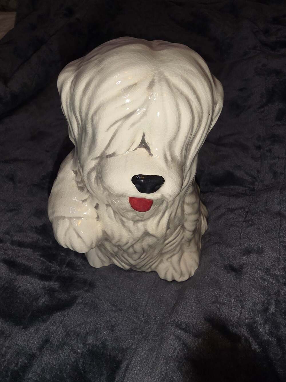 Hand-Painted Ceramic Old English Sheepdog Bobtail Dog Figurine signed Linda '78